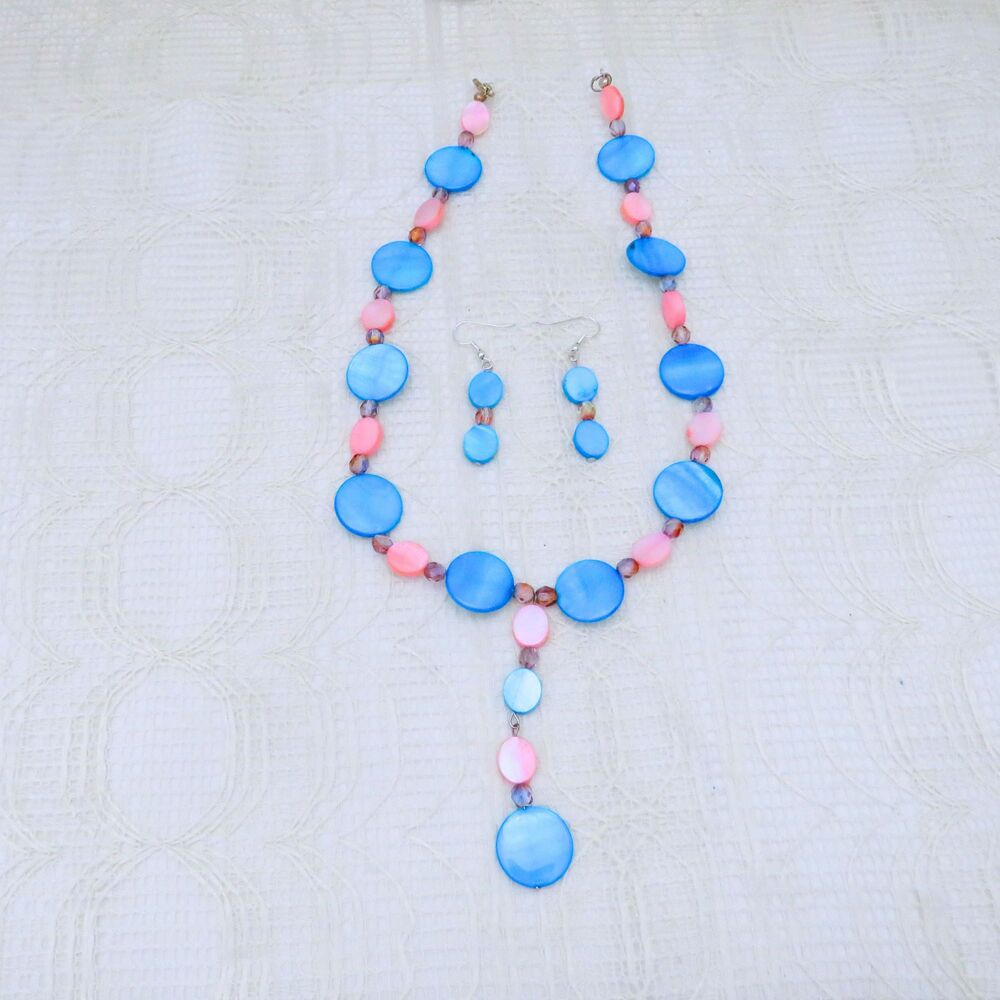 Handmade Y Necklace and Earrings Set Women Blue and Pink Shell Beads Tropical